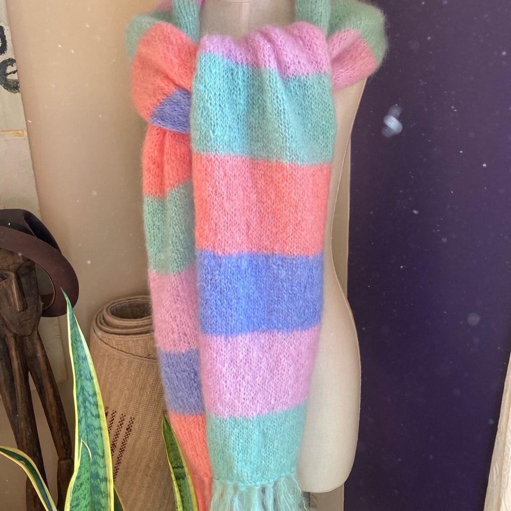 New Rose Carmine Pastel Colorful Striped Mohair Knit Scarf - Picture 2 of 8